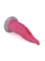 Pink tentacle dildo lying on its side showing rows of suckers and curved tapered shape