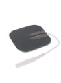 Back of reusable E-Stim conductive pad showing adhesive contact surface and connection lead