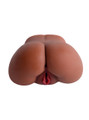 Deep brown TPE dual-entry masturbator showing detailed vaginal and anal entrances
