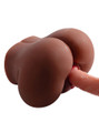 Deep brown dual-entry masturbator demonstrating entry into the anal canal