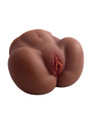 Angled front view of Nadia dark skin tone dual-hole masturbator with thick rounded thighs
