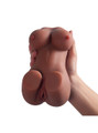 Mila petite tan torso masturbator held upright in one hand with her pussy visible between rounded thighs