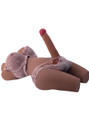 Tan TPE ladyboy torso doll reclining in pink lingerie with 19 cm (7.5 in) flexible penis