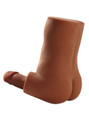 Rear side view of tan compact male sex doll with rounded ass