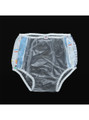 Back view of "Mommy & Daddy Playtime" ABDL pull up pants showing transparent PVC rear panel and printed side panels