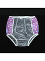 Back view of "Playground Pals" ABDL plastic pull up pants showing clear PVC rear panel and purple printed side panels