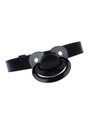 Angled view of black ABDL pacifier gag with glossy textured faux leather strap
