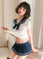 Seductive Japanese sailor-style costume with a crop top and ultra-short skirt, perfect for roleplay.