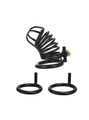 Black chastity device set with multiple ring sizes for a customized fit.