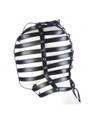 A profile view displaying the detailed strap work and secure fittings of the PU leather cage hood.