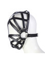 Elegant bondage-inspired cage hood with eye-catching silver embellishments.