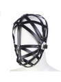 Front view of the 'Lattice Allure' face cage, showcasing the intricate pattern of vegan leather straps.