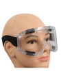 Side view of clear protective goggles, showing the adjustable strap for a customizable fit