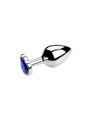 Blue heart jewel metal butt plug on a reflective surface, ideal for enhancing anal play.