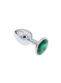 Polished zinc alloy butt plug with a green round jewel at the base, showcasing its reflective surface and smooth, tapered design.