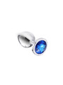 Polished zinc alloy butt plug with a blue round jewel at the base, showcasing its reflective surface and smooth, tapered design.