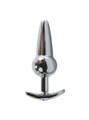 Shiny metal butt plug with a central spherical design and a secure flared base, designed for both visual appeal and enhanced pleasure.