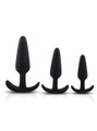 Black Silicone Anchor Butt Plug Set featuring three different sizes of matte black plugs with innovative anchor-shaped bases for comfortable and safe anal play.