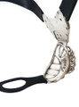 Male chastity belt with ventilating cage and anal opening, featuring a secure stainless steel design and silicone-lined waistband for comfort.