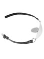 Master's Desire Stainless Steel Tongue Gag - Full View: A sleek stainless steel tongue gag with black vegan leather straps, laid out flat.