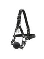 Adjustable head harness with black silicone ball gag and black straps.