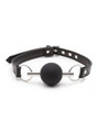 Black silicone ball gag with metal rings and vegan leather strap