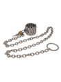 Stainless steel ball stretcher with sharp spikes and attached chain, showing lock and key.