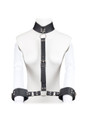 Mannequin wearing the leather bondage harness with collar and wrist cuffs
