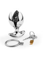 Lockable Stainless Steel Anal Plug with keys, showcasing its expandable petals.
