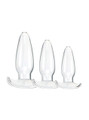 Three sizes of the Clear Glass Hollow Anal Gaper, showcasing their elegant and versatile design.