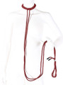 Mannequin displaying the red rope collar and leash set wrapped around hand