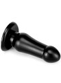 Girthy black PVC anal plug laying flat, showing its thick, bold design.