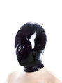Side view of the Black Latex-Like Stretchy Full Hood with nose holes and zipper back on a mannequin.
