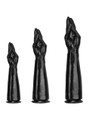 Black forearm & fist dildo with realistic hand-and-arm design and powerful suction cup base for hands-free play.