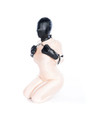 A sub wearing the hood and mittens in a kneeling position, illustrating the complete bondage experience.