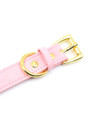 Close-up of the pink collar with a gold buckle and adjustable strap.