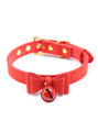 A red faux leather choker collar with a bow and jingling bell.