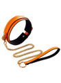Glow-in-the-dark BDSM collar with gold chain leash and bell charm