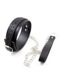 Close-up of the adjustable buckle on the black BDSM collar