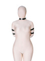 Front view of bondage harness with collar and arm straps