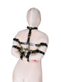 Model wearing backstrap armbinder harness with collar restraint from behind