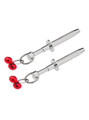 Stainless steel nipple and clit claw clamps with screw adjustment, textured handles, and metallic red jingle bells for BDSM pain and pleasure play.