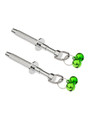 Stainless steel nipple and clit claw clamps with screw-adjustable pressure, textured handles, and green metallic bells for BDSM nipple torture and sound-based kink play.