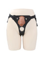 Strap-on with curved brown dildo attached to black harness