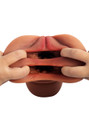 User stretching open both holes of dual-entry stroker