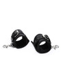 Angled view of two black leather cuffs with silver buckles and detachable clips