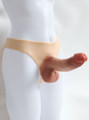 Front view of wearable hollow silicone penis panty on mannequin, showing bulging cock and realistic balls