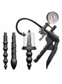 Spiral anal vacuum pump set with pressure gauge, three twisted silicone anal plugs, and transparent suction chamber.