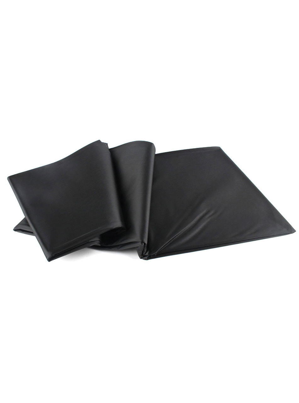 Folded waterproof sex sheet made of shiny, silky polystyrene.