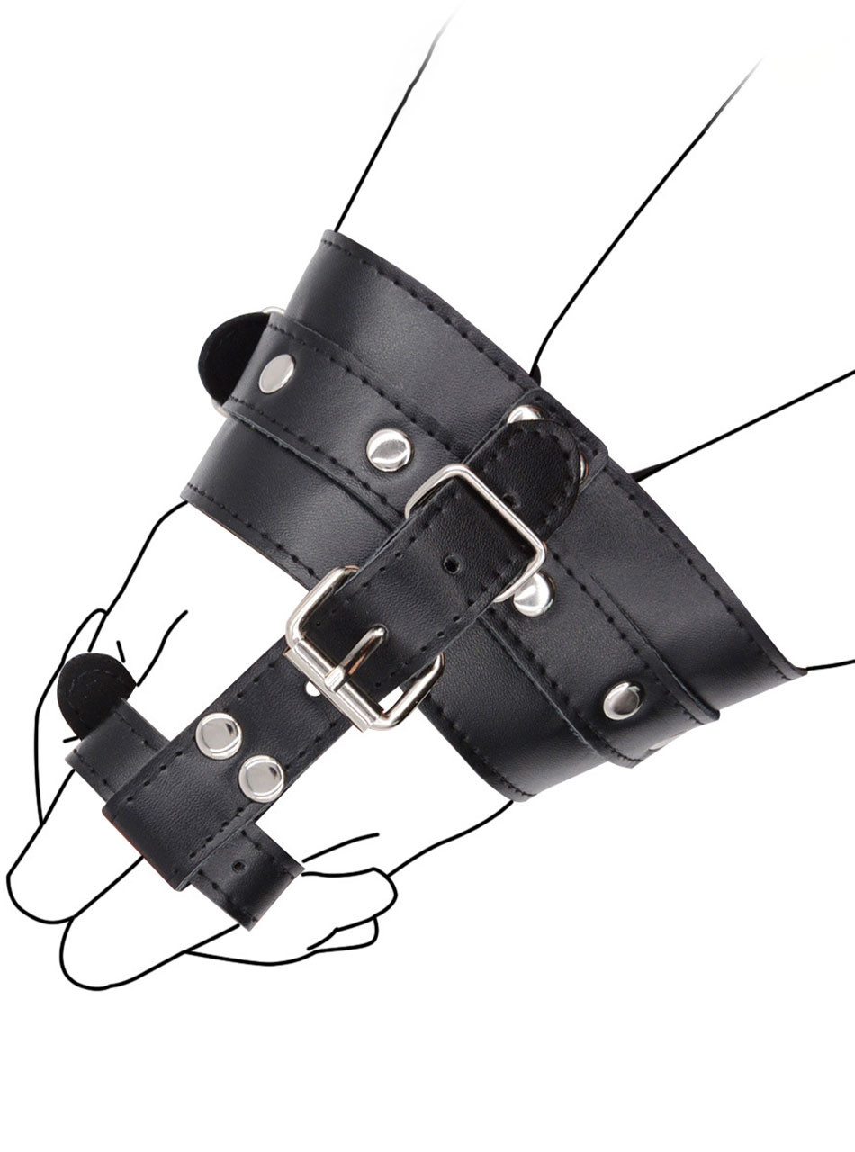 Adjustable black thumb-to-wrist restraint on a hand